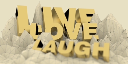 Low poly mountains landscape. 3d illustration. Polygonal mosaic background. Golden live laugh love textの写真素材