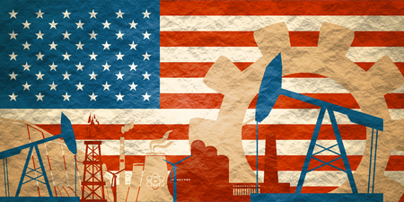 Energy and Power icons set with United States flag. Sustainable energy generation and heavy industry. Textured by concreteの写真素材