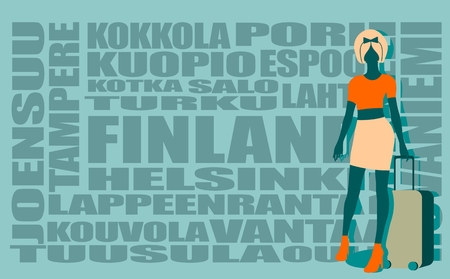 Woman traveler silhouette standing with baggage. Retro hair style. Finland cities words cloud on backdropのイラスト素材