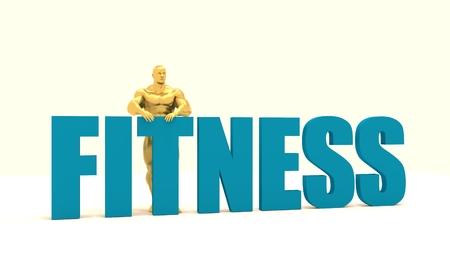 Muscular man standing near fitness word. Golden figure. Bodybuilding relative image. 3d renderingの写真素材