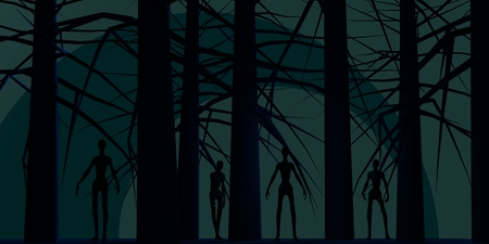 Zombie silhouettes in dark forest. Halloween theme backgroundの写真素材