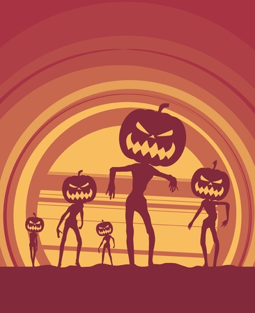 Halloween holiday background. Zombie silhouettes with pumpkins headのイラスト素材