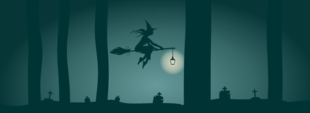 Vector illustration of flying young witch icon. Witch silhouette on a broomstick. Old cemetery in dark forest. Halloween relative imageのイラスト素材