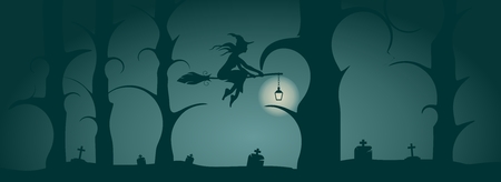 Vector illustration of flying young witch icon. Witch silhouette on a broomstick. Old cemetery in dark forest. Halloween relative imageのイラスト素材