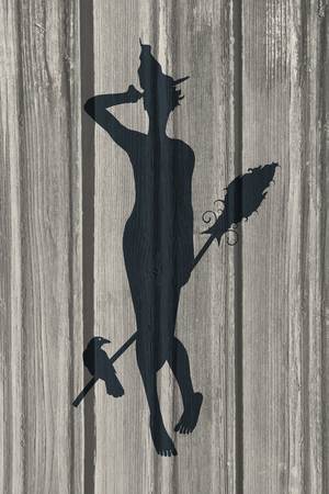 Illustration of standing young witch icon. Witch silhouette with a broomstick. Halloween relative image. Wood textureの写真素材