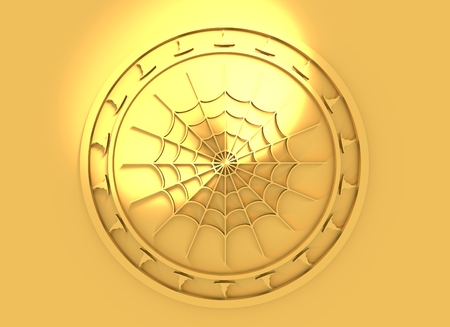 Carved stamp with spider web. 3d rendering. Metallic material. Golden sealの写真素材