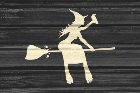 Illustration of flying young witch icon. Witch silhouette on a broomstick. Raven sit on hand. Halloween relative image. Wood textureの写真素材