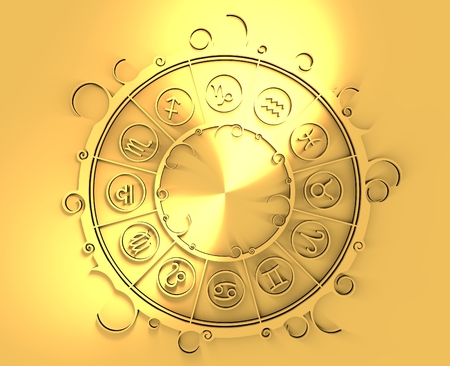 Astrological symbols in the circle. Golden emblem. Metallic material. 3d renderingの写真素材