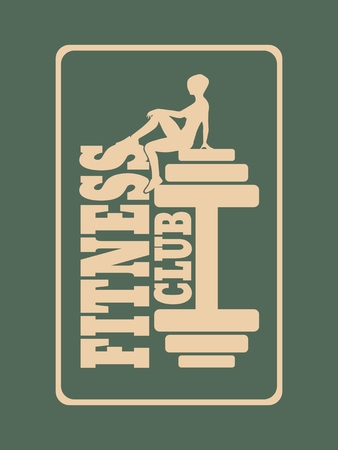Sporty woman sits on a dumbbell. Short hair girl silhouette. Fitness club text. Emblem for sport clubのイラスト素材