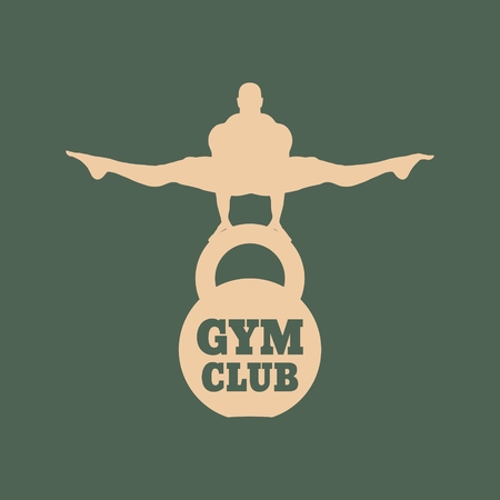 Muscular man posing on kettlebell . Vector silhouette. Bodybuilding emblem.のイラスト素材