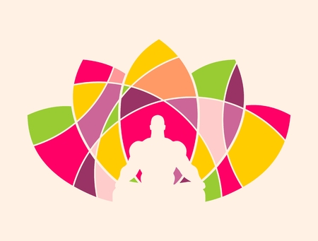 Muscular man sit in meditation pose. Bodybuilder relaxing. Cutout silhouette. Lotus Flower Yoga Center Emblem. Abstract multicolor illustration. Mosaic style silhouetteのイラスト素材