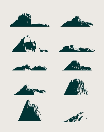 Mountain vector icons set. Set of mountain silhouette elements. Outdoor icon of the mountain tops, decorative symbols isolated. Camping mountain logo, travel labels, climbing or hiking badges.のイラスト素材