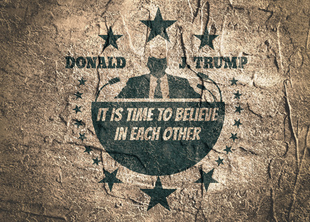 USA - October 13, 2016: An illustration of a businessman icon in flat style and the Republican Presidential Candidate Donald Trump name. Himself quote textのeditorial素材