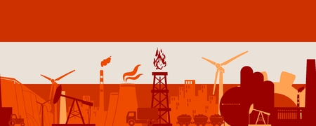 Energy and Power icons set on Austria flag backdrop. Header or footer banner. Sustainable energy generation and heavy industry. Vector illustration. Seamless backgroundのイラスト素材