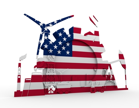 Energy and Power icons set with USA flag. Sustainable energy generation and heavy industry. 3D renderingの写真素材