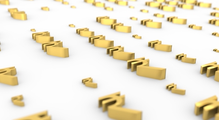 Golden Indian Rupee symbols on white backdrop. 3D renderingの写真素材
