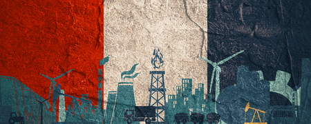 Energy and Power icons set. Header banner with France flag. Sustainable energy generation and heavy industry. Concrete texturedの写真素材