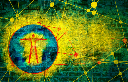 Molecule And Communication Background. Old brick wall texture. Human icon in circle. Connected lines with dots. Medical, technology, chemistry, science backgroundの写真素材