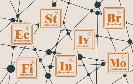 Business model metaphor. Fictional chemical elements. Molecule And Communication Background. Vector brochure or report design template. Connected lines with dots.のイラスト素材