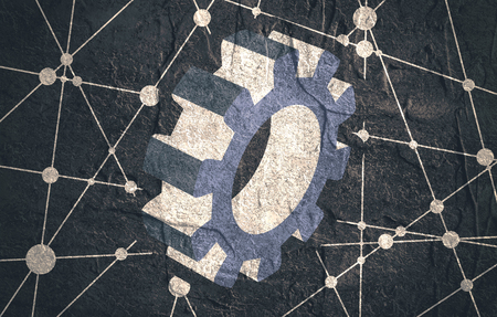 Gear model on blue background. Precision machinery relative backdrop. Molecule And Communication Background. Connected lines with dots. Grunge textureの写真素材