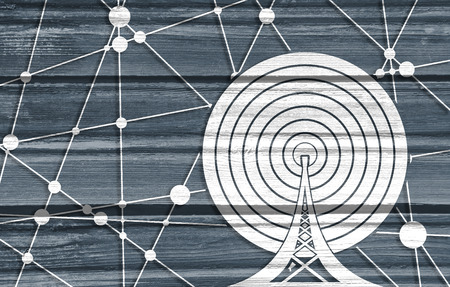 Wi Fi Symbol outline icon. Mobile gadgets technology relative image. Molecule And Communication Background. Connected lines with dots. Wood textureの写真素材