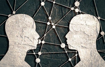 Silhouette of a man's head. Mental health relative brochure, report or flyer design template. Scientific medical designs. Human communication. Grunge textured backdropの写真素材