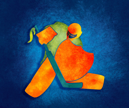 Illustration of ice hockey goalie with knight shield. Sport metaphor. Multicolor brush painting.の写真素材