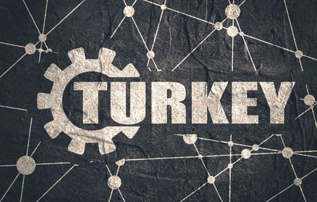 Turkey word build in gear. Heavy industry relative image. Molecule And Communication Background. Grunge textured backdrop. Connected lines with dots.の写真素材