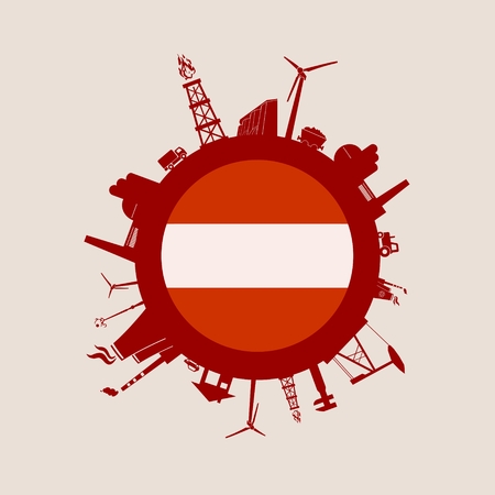 Circle with industry relative silhouettes. Vector illustration. Objects located around the circle. Industrial design background. Austria flag in the center.のイラスト素材