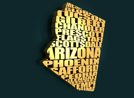 Word cloud map of Arizona state. Cities list collage. Golden material. 3D renderingの写真素材