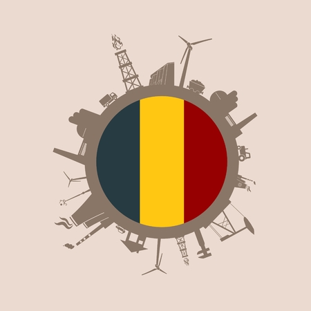 Circle with industry relative silhouettes. Vector illustration. Objects located around the circle. Industrial design background. Belgium flag in the center.のイラスト素材
