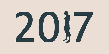 New Year greeting card template. 2017 year number. Bodybuilder silhouette. Muscular man posing. Vector brochure or report design template.のイラスト素材