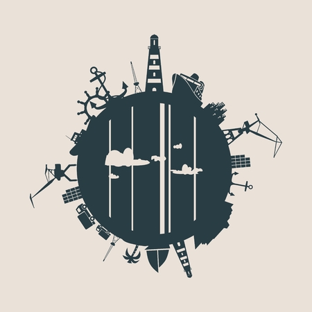 Circle with sea shipping and travel relative silhouettes. Vector illustration. Objects located around the circle. Industrial design background.のイラスト素材