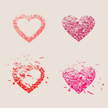 Happy valentines day and wedding design elements. Vector illustration. Pink and red broken hearts. Background relative to valentines day. Grunge textureのイラスト素材