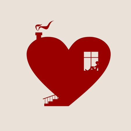 Happy valentines day and wedding design elements. Vector illustration. Heart silhouette as house of lonely woman. Background relative to valentines day. Celebration card patternのイラスト素材