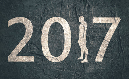 New Year greeting card template. 2017 year number. Bodybuilder silhouette. Muscular man posing....
