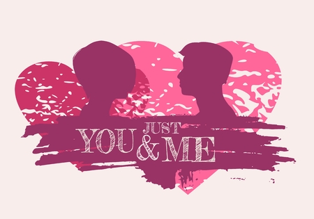 Man and woman silhouettes looking at each other. Grunge brush stroke. Happy valentines day and wedding design elements. Vector illustration. Broken hearts. Side view. Just you and me textのイラスト素材