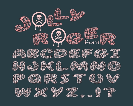Decorative alphabet vector font. Letters symbols with outline crossbones. Typography for headlines, posters, logos etc. Jolly Roger texture.のイラスト素材
