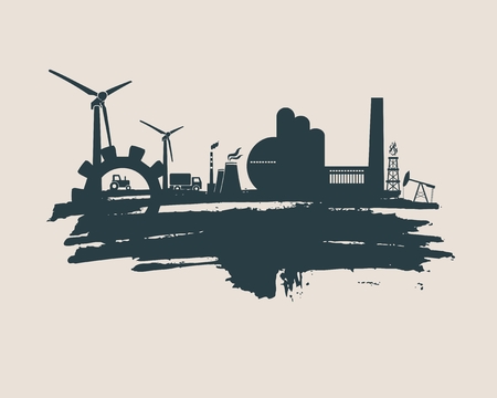 Energy and Power icons set and grunge brush stroke. Energy generation and heavy industry relative image. Agriculture and transportation. Vector illustrationのイラスト素材