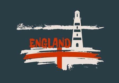 Lighthouse on brush stroke seashore. Paintbrush clouds line . Vector illustration. England country name text and relative national flagのイラスト素材