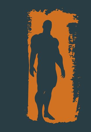 Bodybuilder silhouette. Muscular man posing. Sketch style illustration. Grunge brush stroke.のイラスト素材