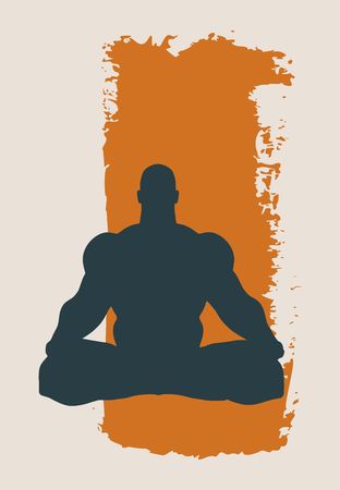 Muscular man sit in meditation pose. Bodybuilder relaxing. Human silhouette. Yoga Center Emblem. Sketch style illustration. Grunge brush stroke.のイラスト素材
