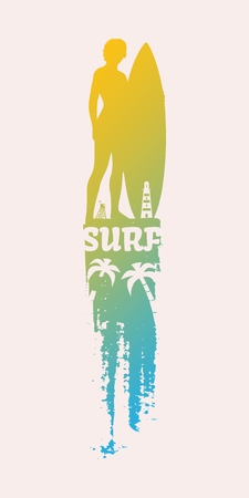 Woman posing with surfboard on grunge brush stroke. Gradient silhouette. illustration. Vintage Surfing Graphic and Emblem for web design or print. Lighthouse and lifeguard tower on backdropのイラスト素材