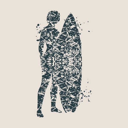 Woman posing with surfboard. Monochrome silhouette. illustration. Vintage Surfing Graphic and Emblem for web design or print. Grunge style illustrationのイラスト素材