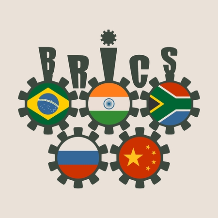 BRICS - association of five major emerging national economies members flags on cog wheels. Trade union. Global teamwork. Blue background.のイラスト素材