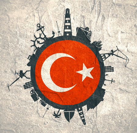 Circle with sea shipping and travel relative silhouettes. Concrete texture. Objects located around the circle. Industrial design background. Turkey flag in the center.の写真素材