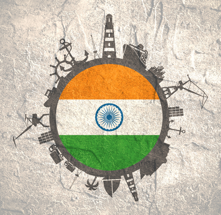 Circle with sea shipping and travel relative silhouettes. Concrete texture. Objects located around the circle. Industrial design background. India flag in the center.の写真素材