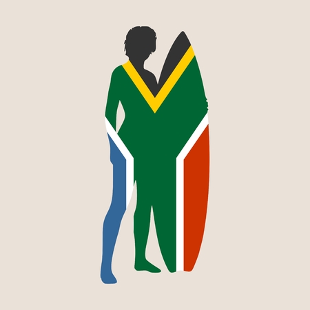 Woman posing with surfboard. Human silhouette. Vector illustration. Vintage Surfing Graphic and Emblem for web design or print. South Africa flagのイラスト素材
