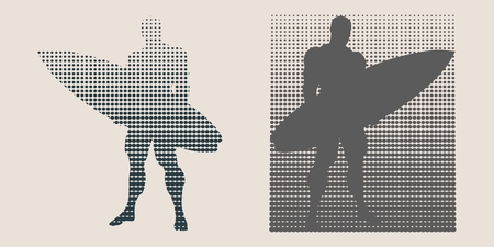Man posing with surfboard. Monochrome silhouette. Vector illustration. Vintage Surfing Graphic and Emblem. Halftones background. Spotted Circles Overlay Dots Texture.のイラスト素材