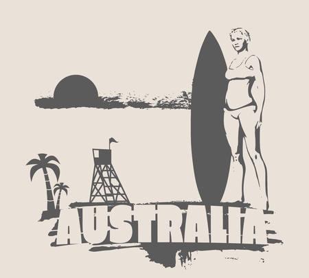 Woman posing with surfboard on grunge brush stroke. Monochrome silhouette. Vector illustration. Vintage Surfing Graphic and Emblem. Palm and lifeguard tower on backdrop. Australia textのイラスト素材